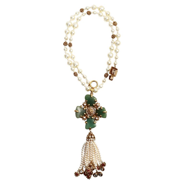 Collectible Chanel Couture Pearl with Green Cross and Dangling Pearls Circa 2005 For Sale