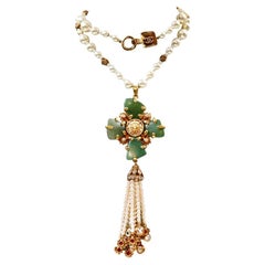 Vintage Collectible Chanel Couture Pearl with Green Cross and Dangling Pearls Circa 2005