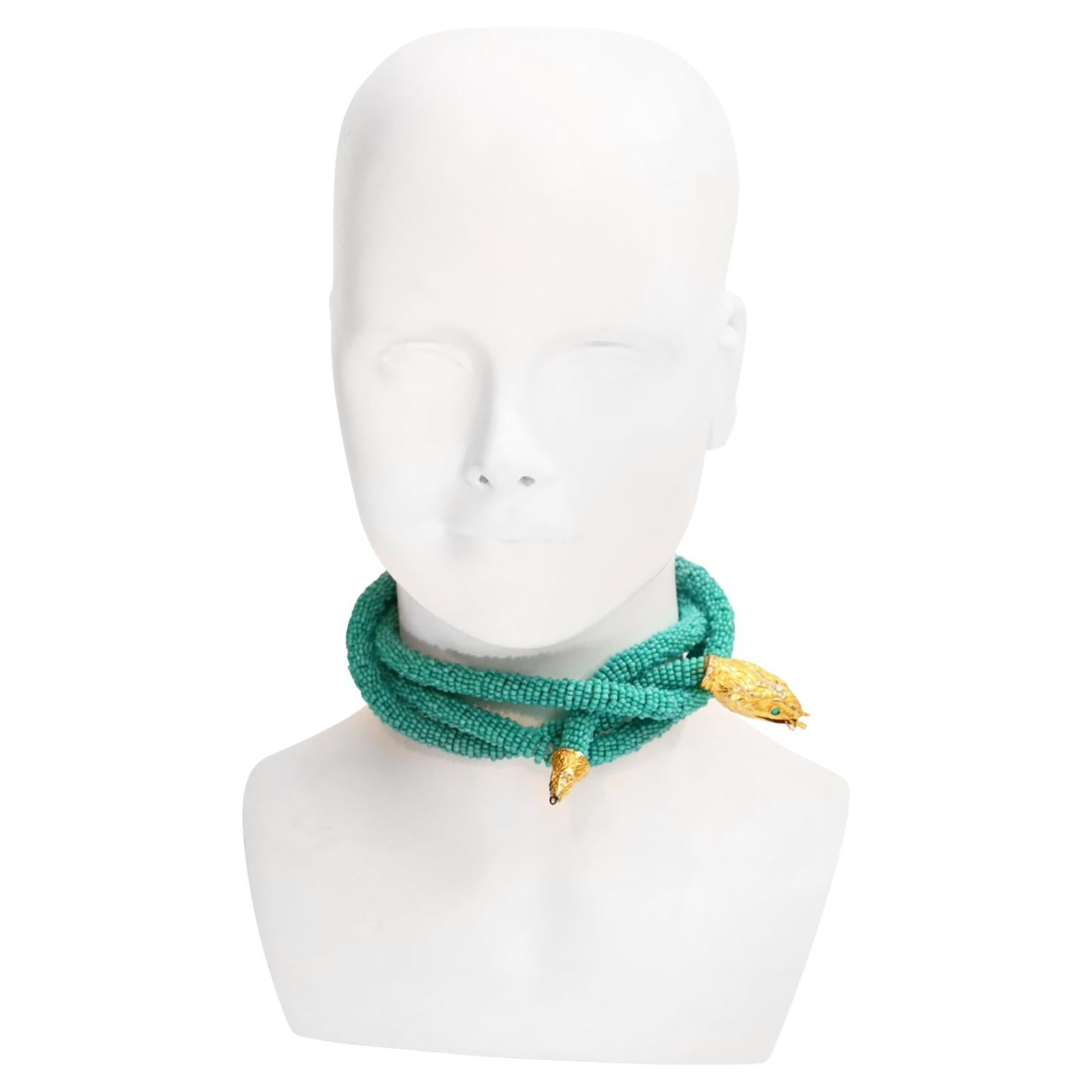 Vintage KJL Turquoise Color Beaded Snake Wrap Necklace, circa 1960s