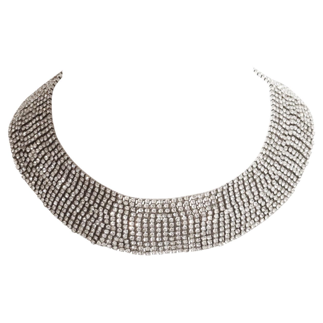 Vintage Pauline Trigere Diamante Wide Collar Necklace Circa 1980s. A great necklace that could easily be worn with t shirt and jeans and mixed with a gold necklace as well as it can be worn for a dressed up occasion. Just one of the classics that