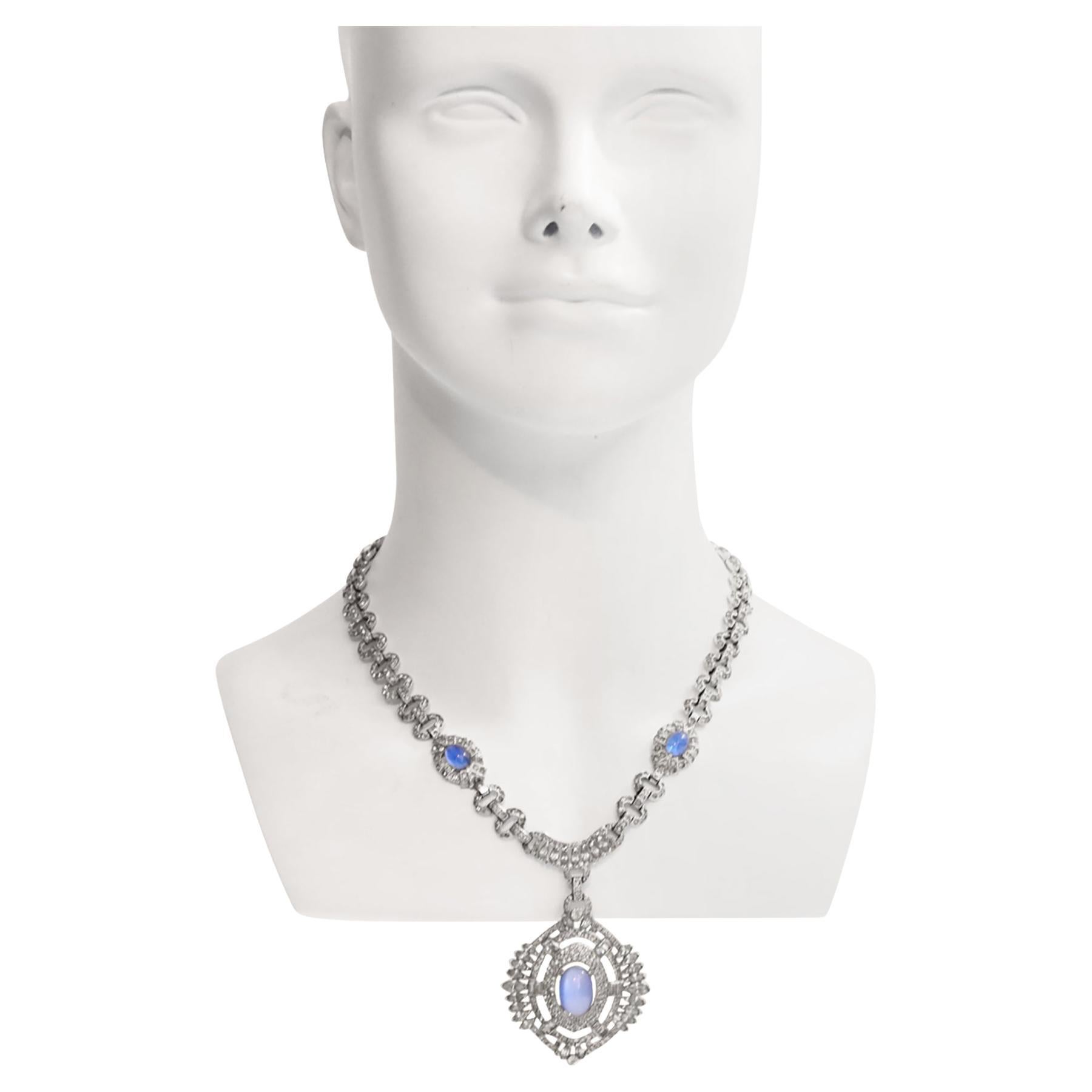 Vintage Diamante with Blue Shiny Cabochon Dangling Pendant Necklace, circa 1960s