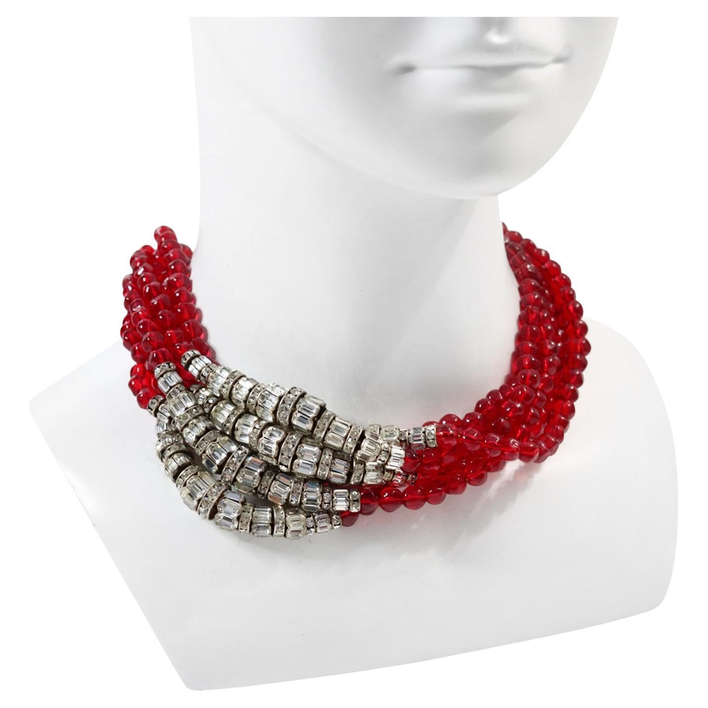 Vintage Anne Klein Couture Red and Diamante Necklace Circa 1980s For Sale
