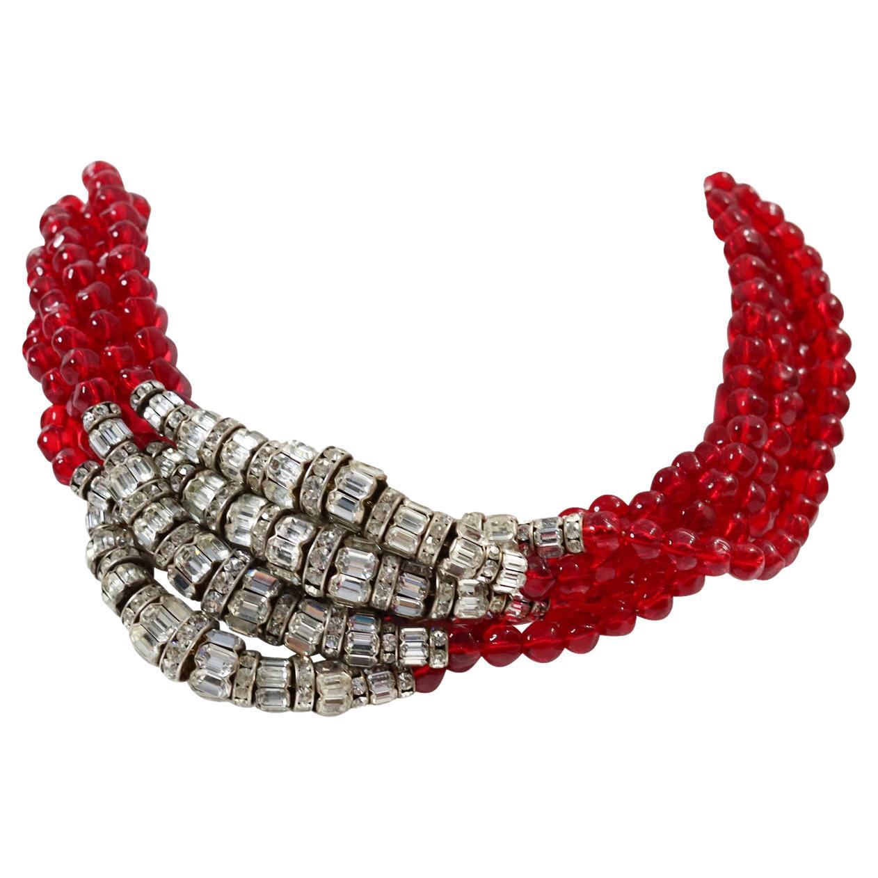 Vintage Anne Klein Couture Red and Diamante Necklace Circa 1980s For Sale