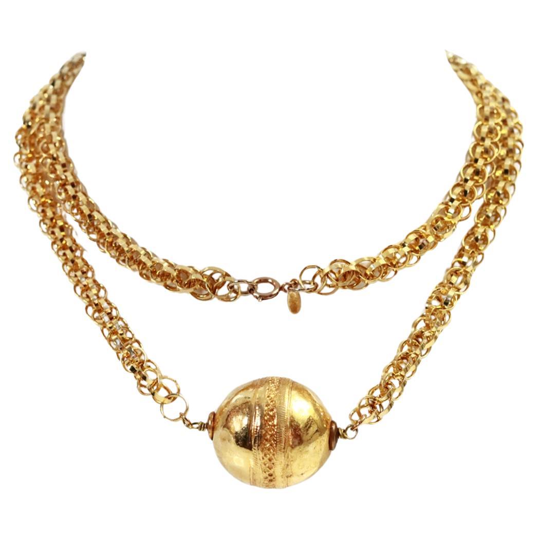 Women's or Men's Vintage Cadoro Gold Tone Long Necklace with Ball Circa 1980s For Sale