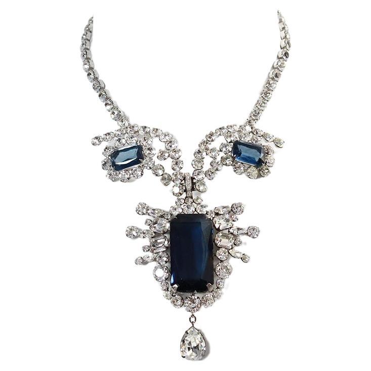 Vintage Diamante and Sapphire Drop Necklace Circa 1980's