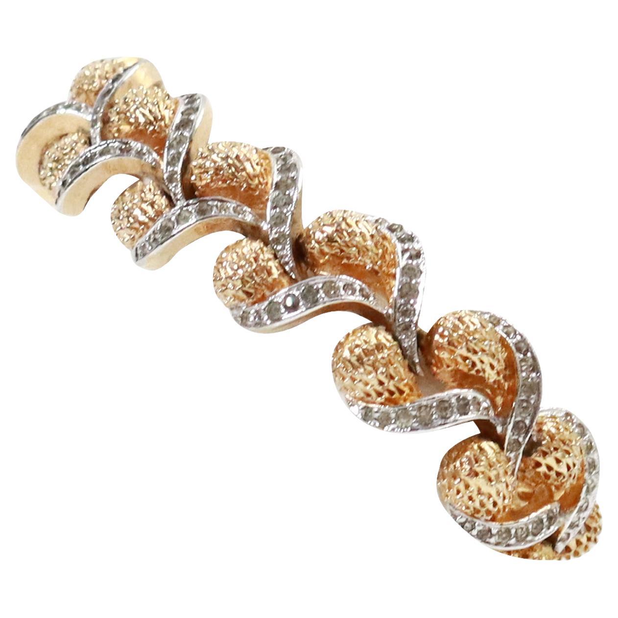 Vintage Panetta Gold Braided Bracelet with Clear Pave Stones Circa 1960s
