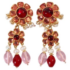 Vintage Pink, Red and  Faux Pearl Flower Dangling Earrings Circa 1990s