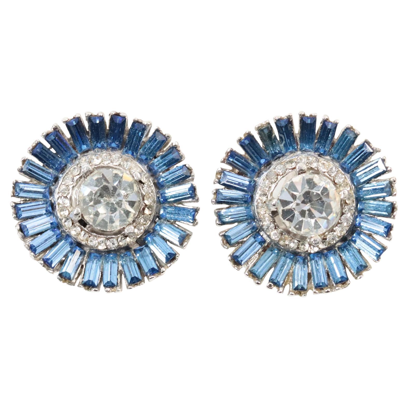 Pendientes vintage Reinad de diamantes y zafiros en tono plateado Circa años 60