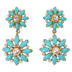 Pendientes vintage Graziano de oro con turquesa de imitación y perla de imitación Circa años 80