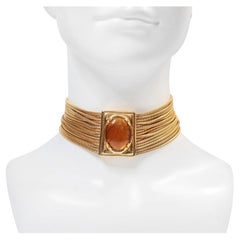 Vintage Monet Gold Tone Choker Necklace with Amber Resin, Circa 1970s