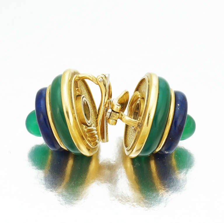 Featuring a pair of lapis lazuli, chrysoprase and 18k gold by Tiffany & Co. 

Signed Tiffany & Co.