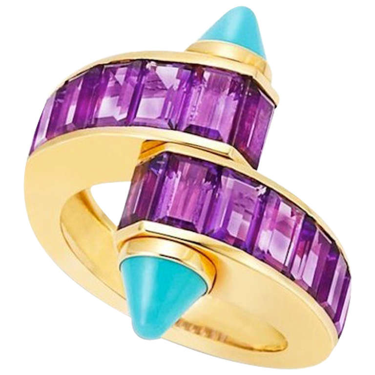 Cartier Turquoise Amethyst Gold Crossover Ring For Sale