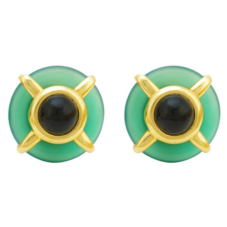 Cartier A. Cipullo Chrysoprase Onyx Gold Earrings