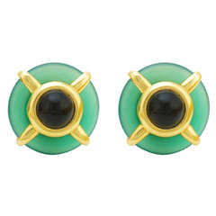 Cartier A. Cipullo Chrysoprase Onyx Gold Earrings