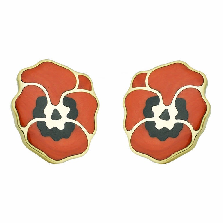 Tiffany & Co. Coral Onyx Gold Pansy Earrings For Sale