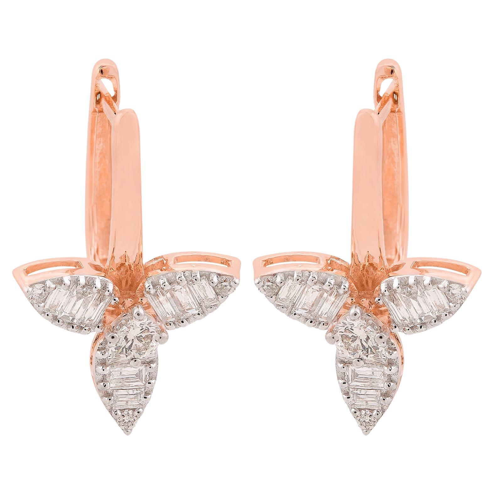 SI Clarity HI Color Baguette Diamond Petal Flower Earrings Solid 18k Rose Gold For Sale