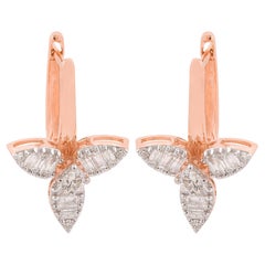 SI Clarity HI Color Baguette Diamond Petal Flower Earrings Solid 18k Rose Gold