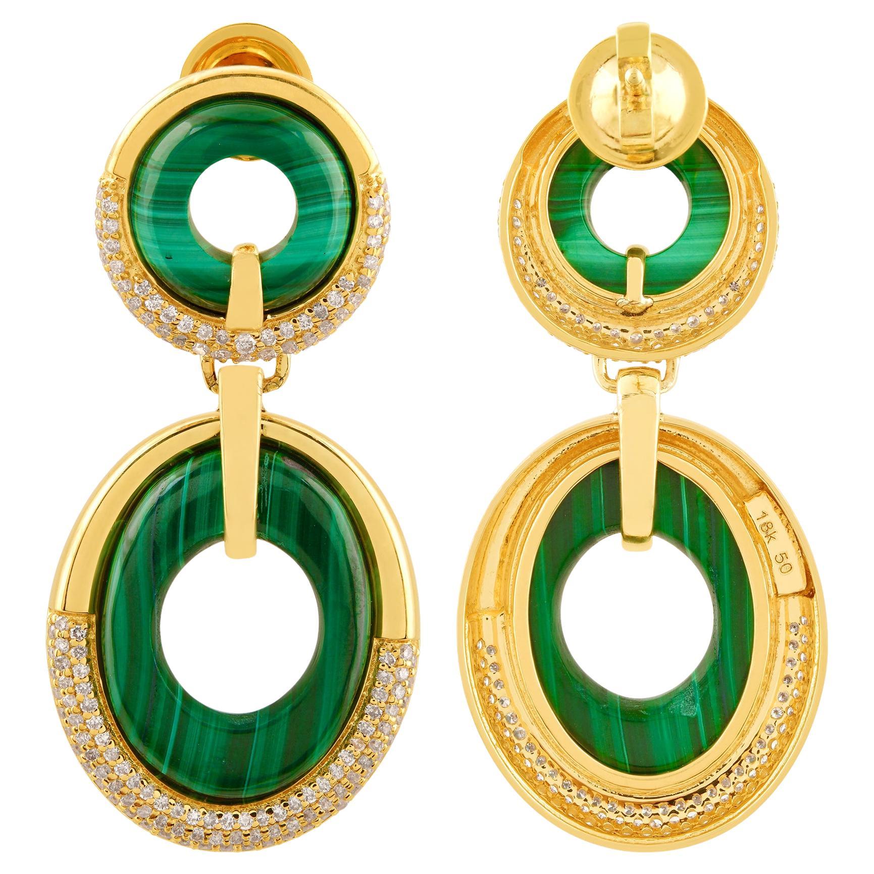 Solid 18k Yellow Gold Malachite Gemstone Dangle Earrings Pave Diamond Jewelry For Sale