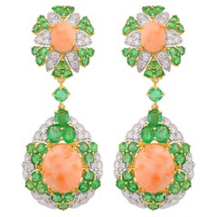 Used Coral Natural Emerald Gemstone Dangle Earrings 18k Yellow Gold Diamond Jewelry