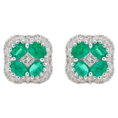 Oval Natural Emerald Clover Stud Earrings Diamond Pave 18k White Gold Jewelry
