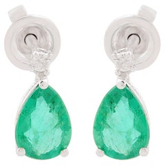 Pear Natural Emerald Gemstone Stud Earrings Diamond Solid 10k White Gold Jewelry