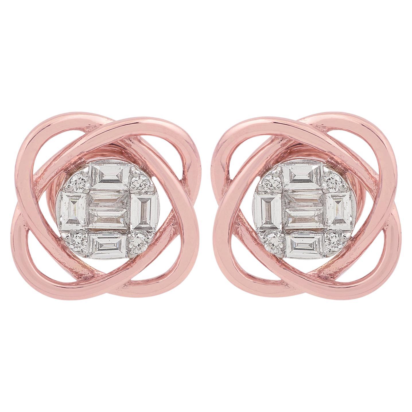 SI Clarity HI Color Baguette Diamond Flower Stud Earrings 14k Rose Gold Jewelry