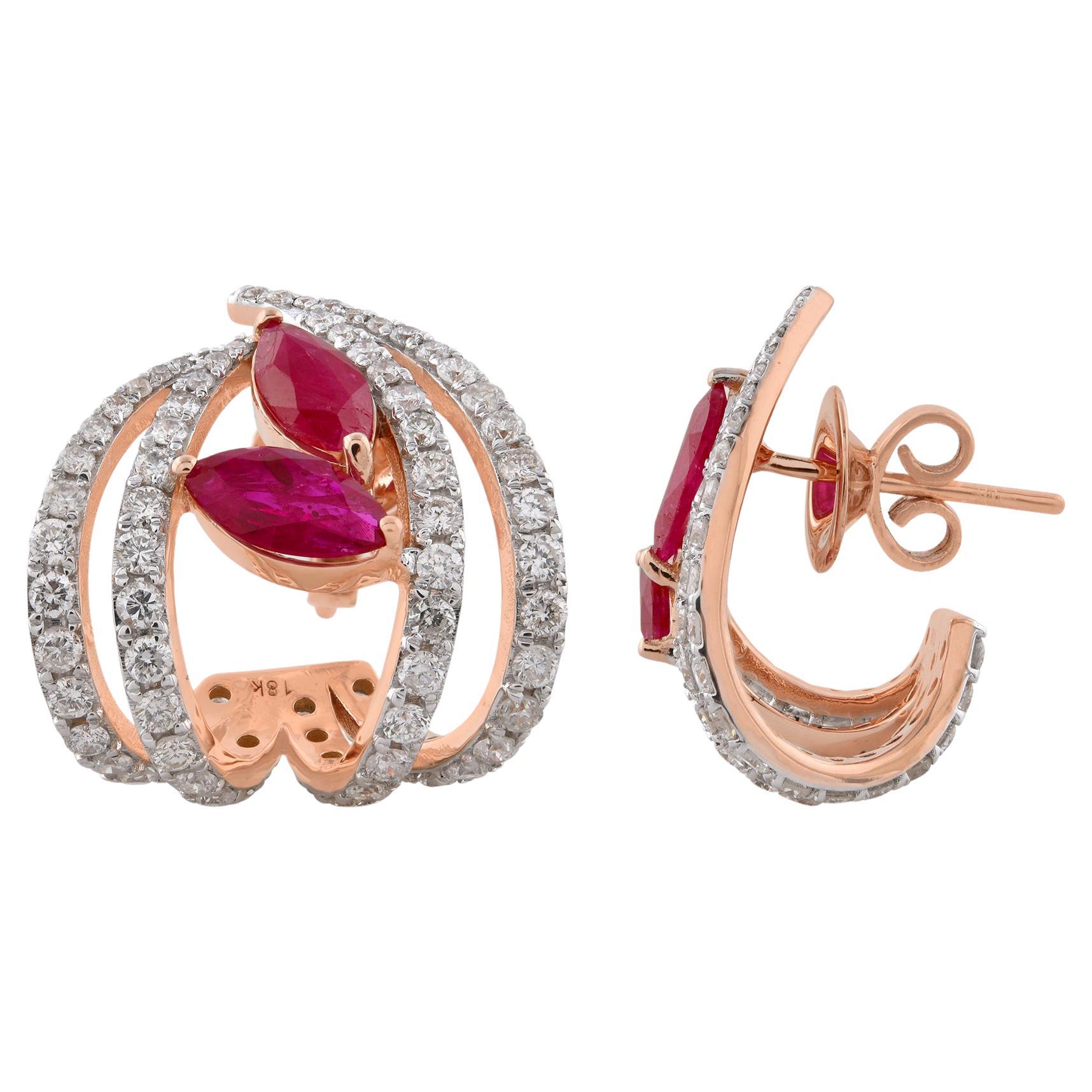Marquise Ruby Gemstone Minimalist Hoop Earrings Diamond 14k Rose Gold Jewelry For Sale