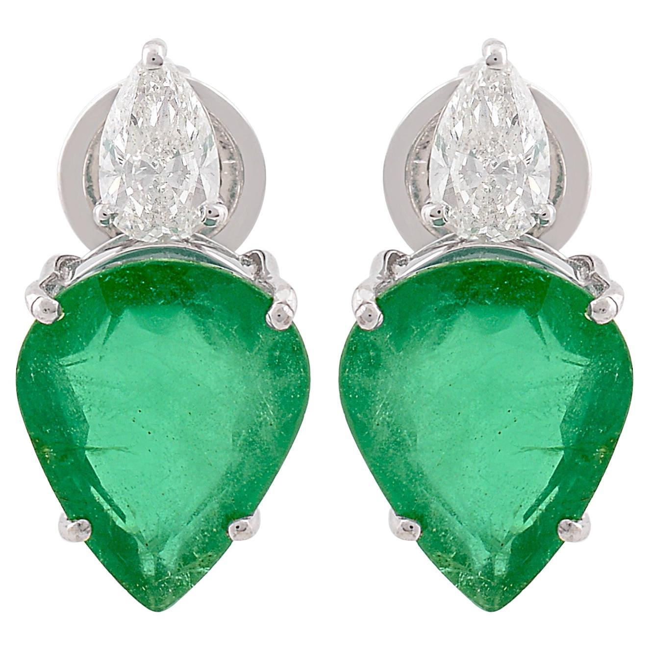 Pear Natural Emerald Stud Earrings Pear Shape Diamond 14k White Gold Jewelry