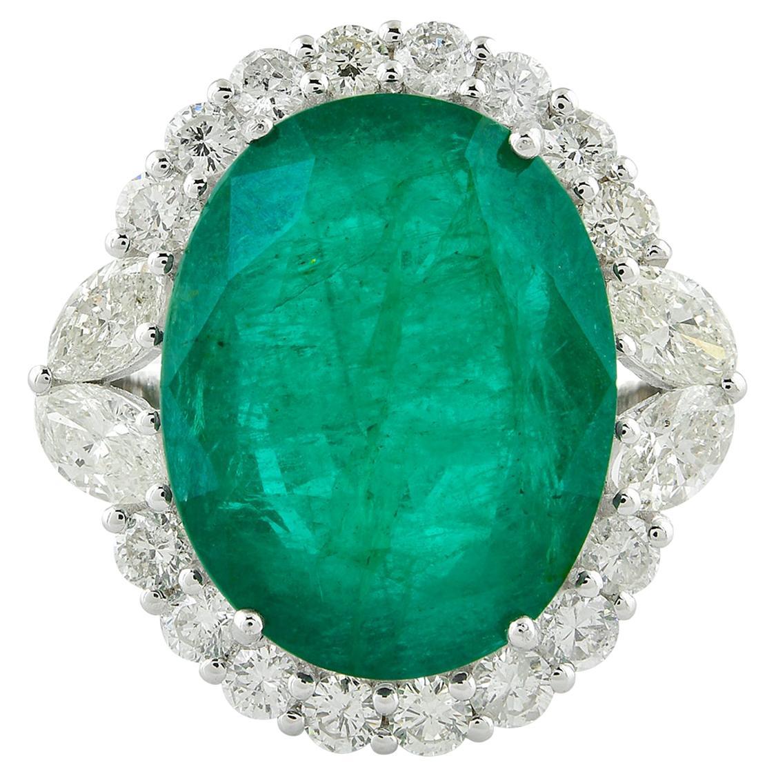 For Sale:  Natural Emerald Gemstone Cocktail Ring Diamond 18 Karat White Gold Fine Jewelry