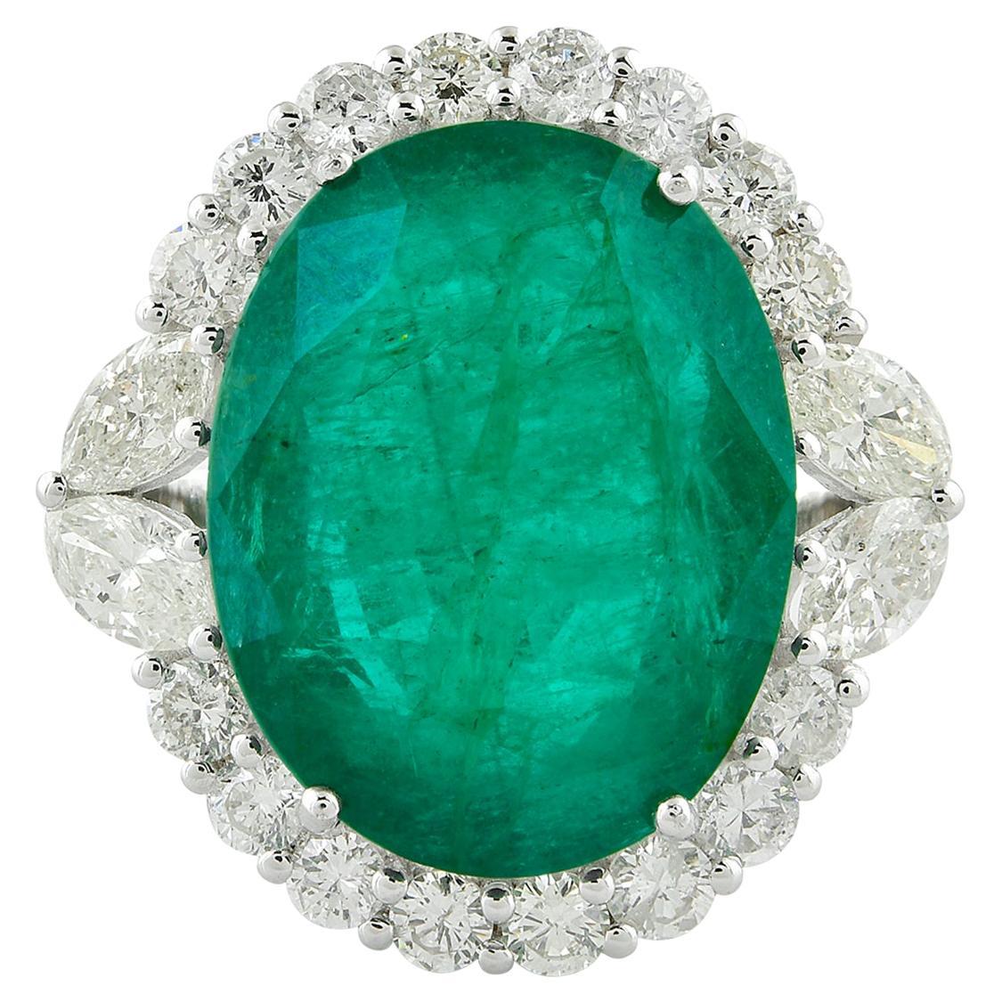 Natural Emerald Gemstone Cocktail Ring Diamond 18 Karat White Gold Fine Jewelry