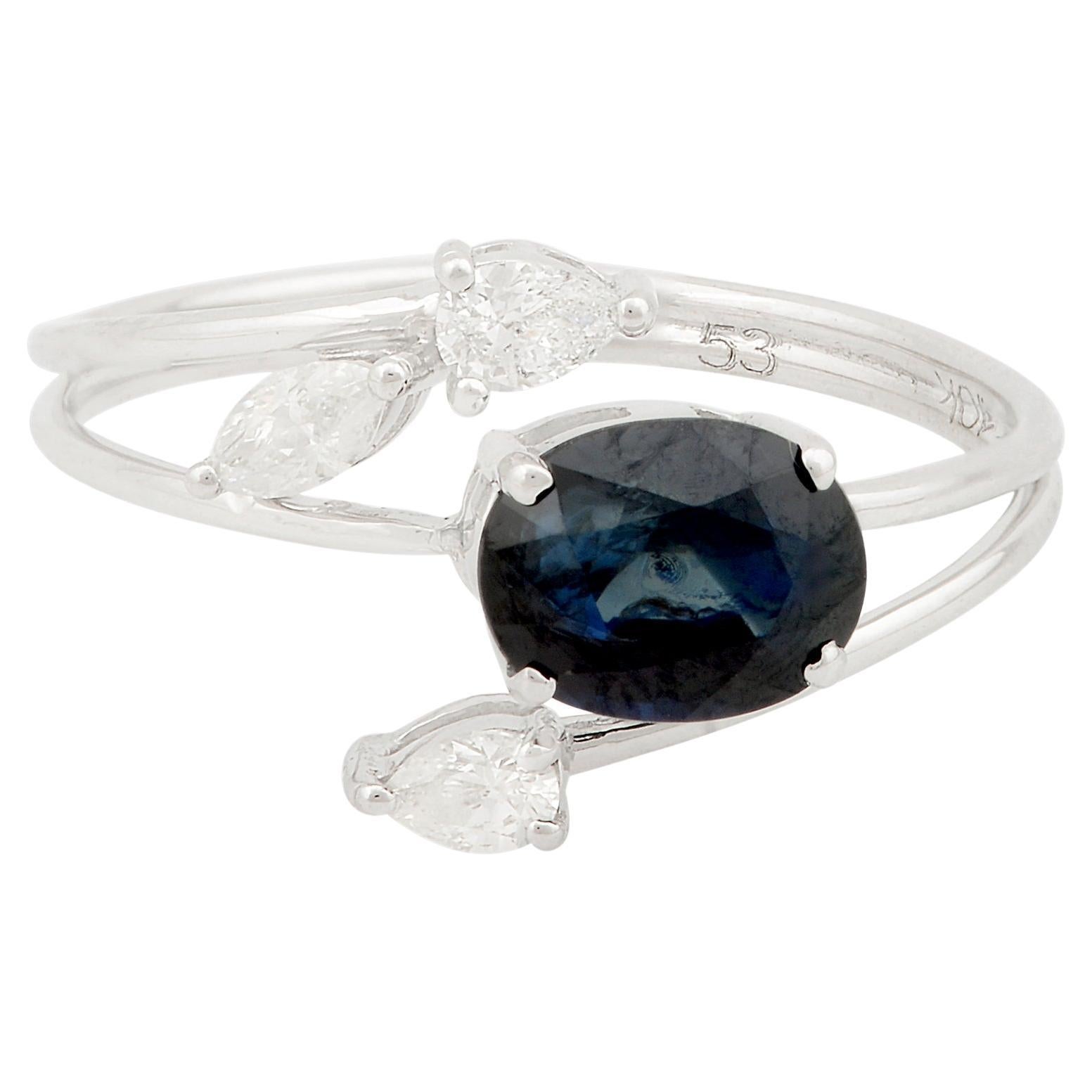 Blue Sapphire Gemstone Designer Ring Pear Marquise Diamond 10 Karat White Gold