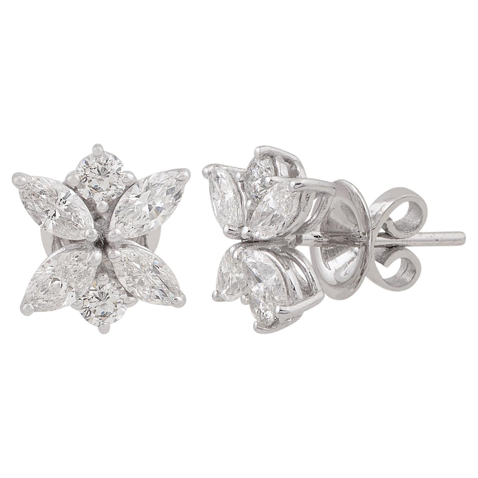 Boucles d'oreilles en or blanc 18 carats, diamant rond de taille marquise, pureté SI Couleur HI