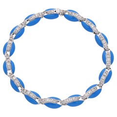 Bracelet coquille de vache en or blanc 10 carats avec diamants et émail bleu, fabrication artisanale