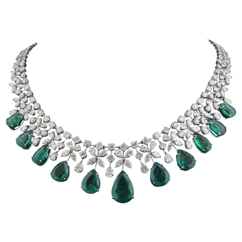 Diamond Pave Pear Emerald Bib Necklace For Sale at 1stDibs