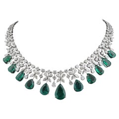 Pear Shape Natural Emerald Gemstone Necklace Diamond Pave 18 Karat White Gold