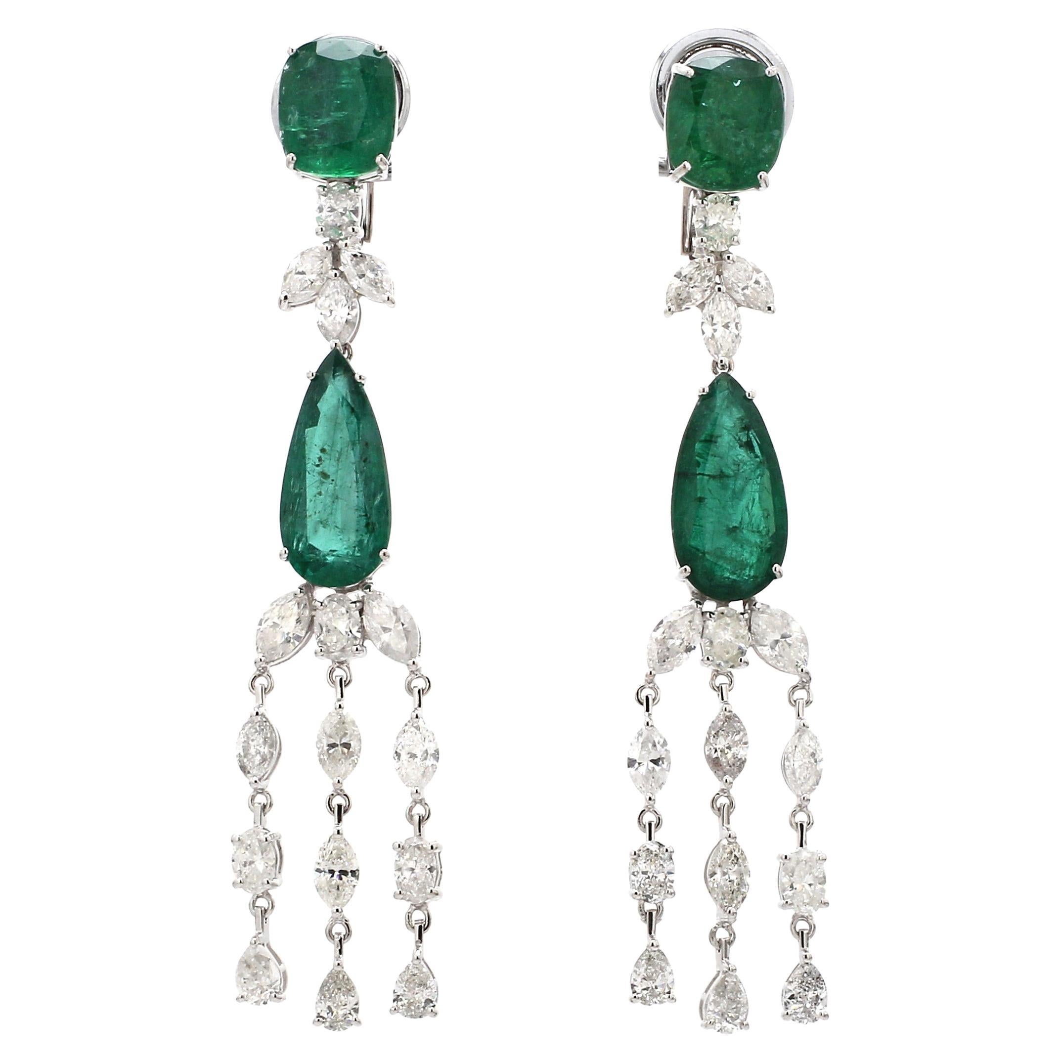 Natural Emerald Chandelier Earrings Diamond 18 Karat White Gold Handmade Jewelry For Sale