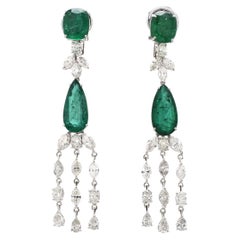 Zambian Emerald Chandelier Earrings Diamond 18 Karat White Gold Handmade Jewelry
