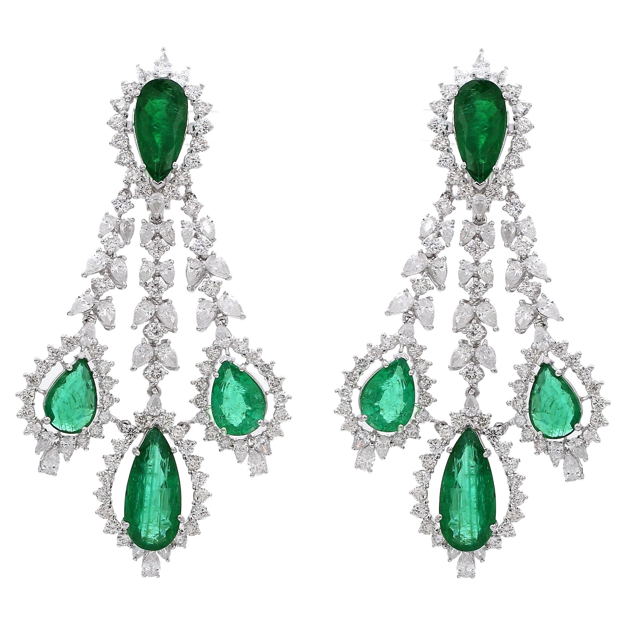 Pear Emerald Chandelier Earrings 18 Karat White Gold Earrings Diamond Jewelry For Sale