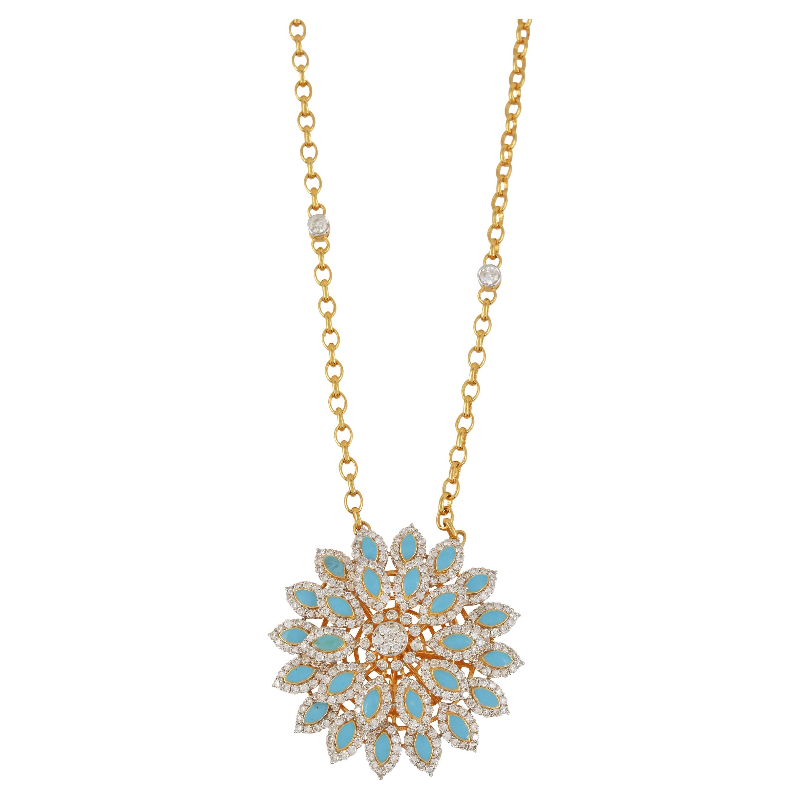 5.7 Carat SI/HI Diamond Enamel Flower Pendant Fine Necklace 18 Karat Yellow Gold