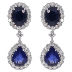 Pendants d'oreilles en or blanc 18 carats avec saphir bleu et diamants, bijouterie d'art
