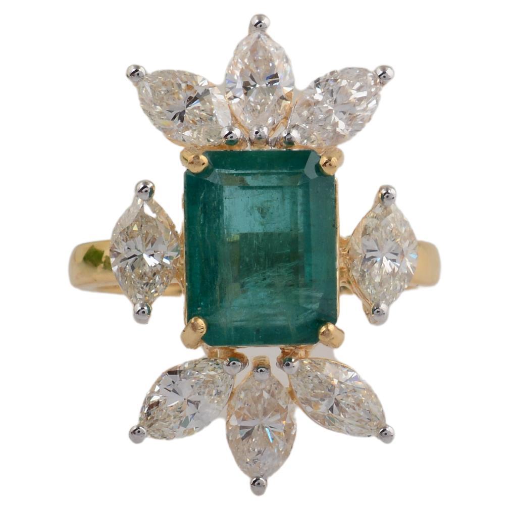 Natural Emerald Gemstone Cocktail Ring Diamond 18 Karat Yellow Gold Fine Jewelry For Sale