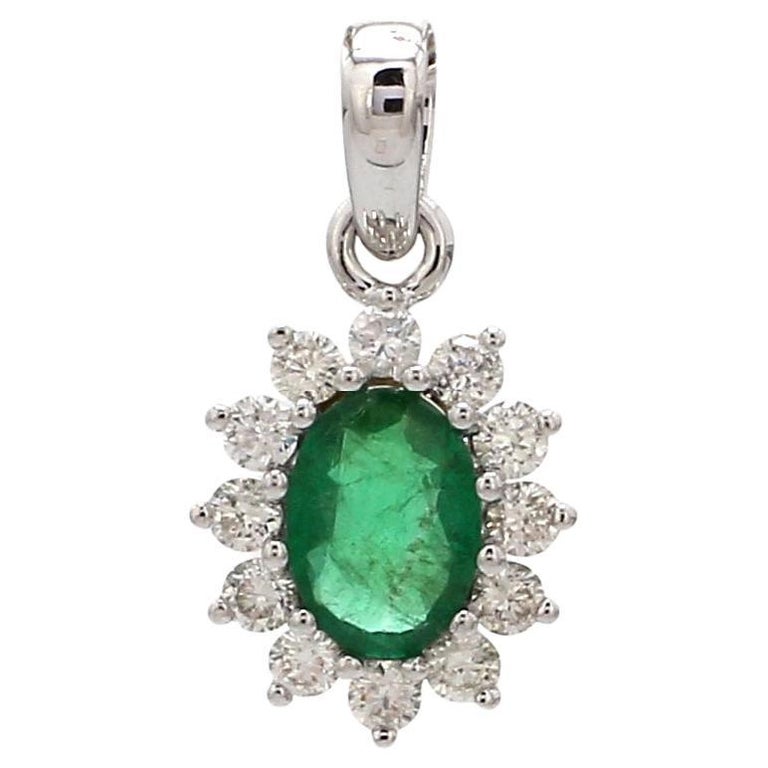 Natural Emerald Gemstone Charm Pendant Diamond 18 Karat White Gold Fine