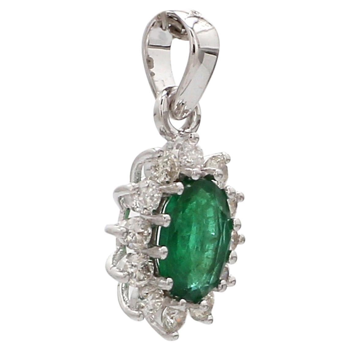 Modern Natural Emerald Gemstone Charm Pendant Diamond 18 Karat White Gold Fine Jewelry For Sale