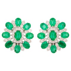 Oval Shape Natural Emerald Gemstone Flower Earrings 10 Karat White Gold Jewelry