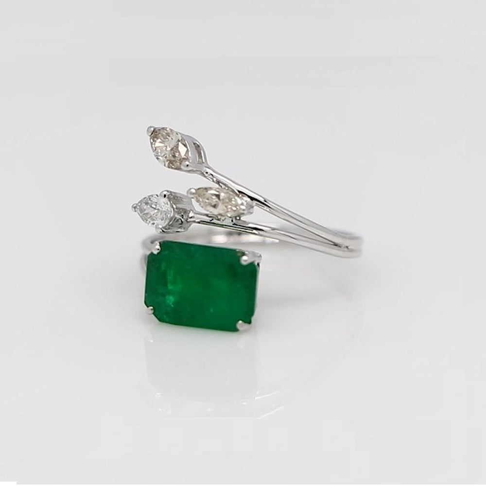 Natural Emerald Gemstone Wrap Ring Marquise Diamond 18 Karat White Gold Jewelry For Sale