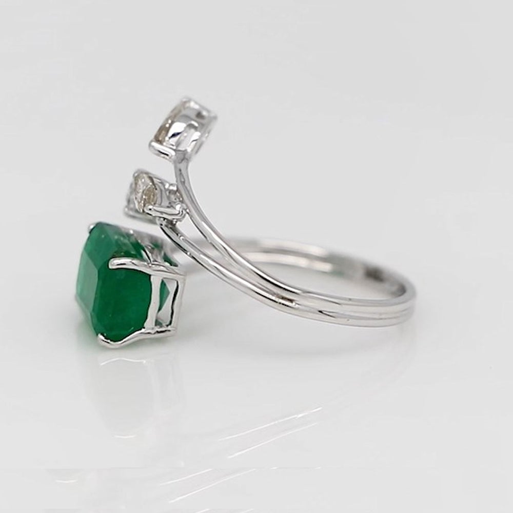 Emerald Cut Natural Emerald Gemstone Wrap Ring Marquise Diamond 18 Karat White Gold Jewelry For Sale