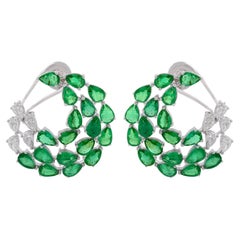 Pear Emerald Gemstone Crescent Moon Earrings 18k White Gold Diamond Fine Jewelry