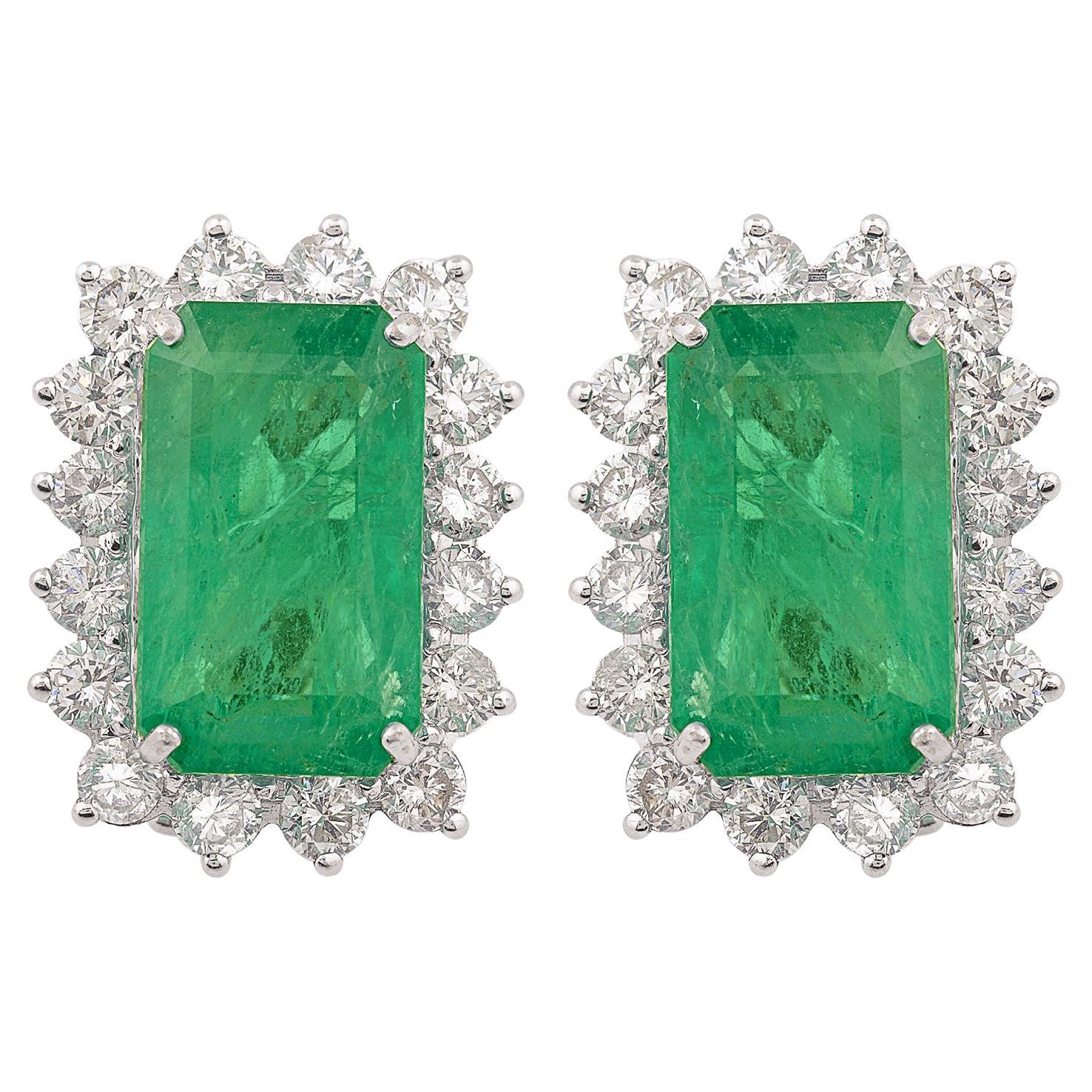 Clous d'oreilles en or blanc 14 carats avec émeraude naturelle et diamant Bijoux faits main