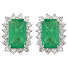 Clous d'oreilles en or blanc 14 carats avec émeraude naturelle et diamant Bijoux faits main