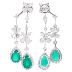 Emerald Gemstone Jacket Earrings Diamond 18 Karat White Gold Handmade Jewelry
